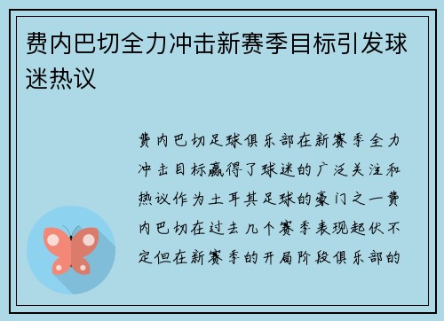 费内巴切全力冲击新赛季目标引发球迷热议